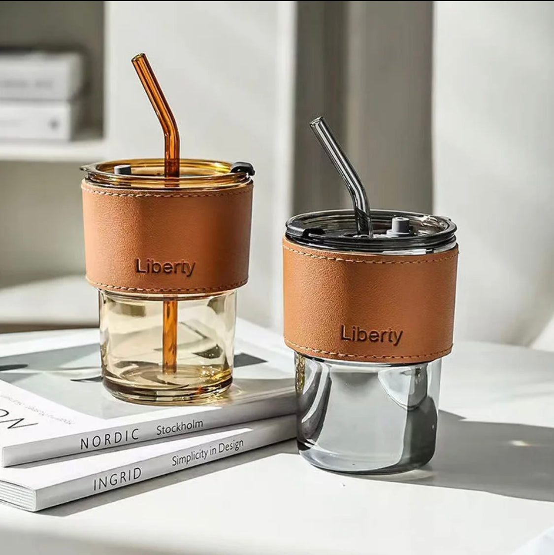 400ml Plastic Coffee Cup With Straw, Bamboo Shaped Glass Cup With Leather Cover, Double Wall Insulated Glass Cup 400ml Plastic Coffee Cup With Straw, Bamboo Shaped Glass Cup With Leather Cover, Double Wall Insulated Glass Cup